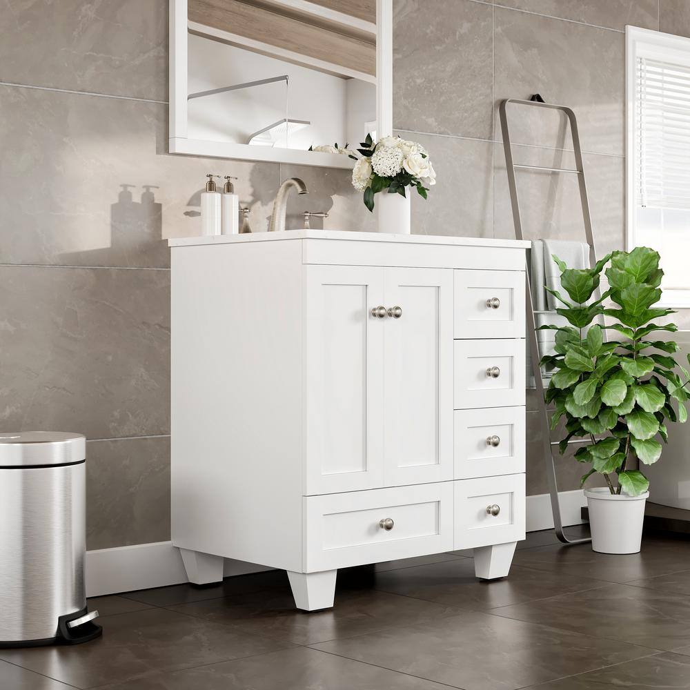 White Solid Wood Bathroom Vanity with Carrara Quartz Top and Sink