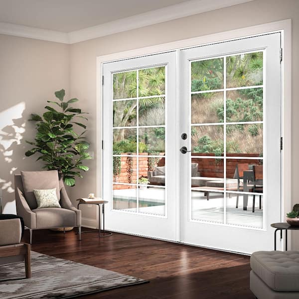 72 in. x 80 in. Fiberglass Smooth White Right-Hand/Outswing Hinged French Patio Door with 10-Lite GBG