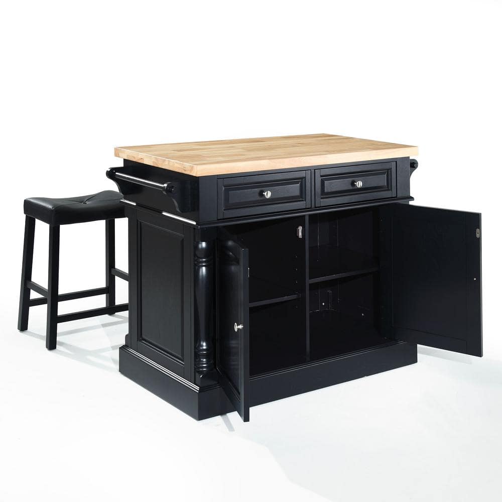 Oxford 30" Black Wood Kitchen Island with Saddle Stools