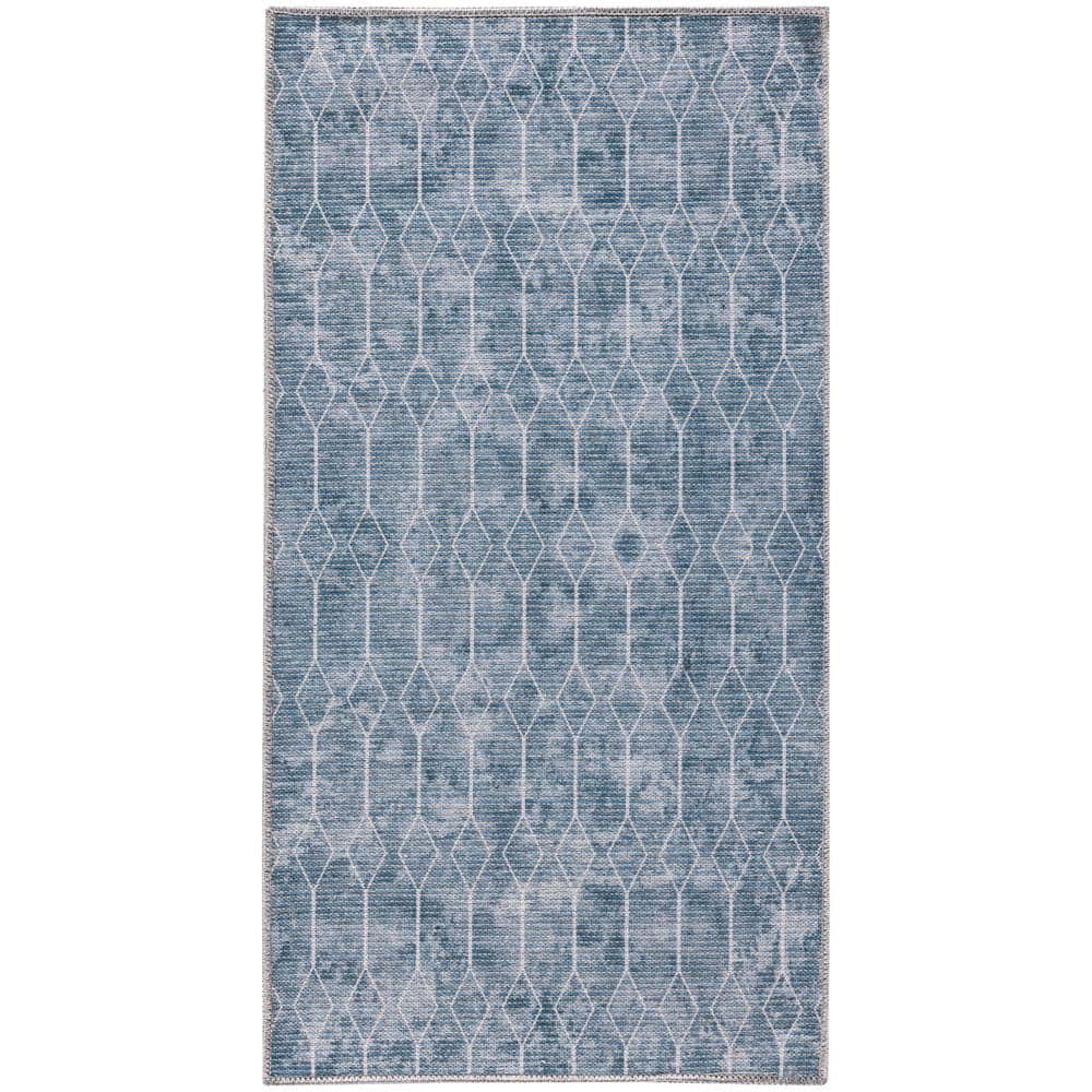Blue Grey doormat 2 ft. x 4 ft. Geometric Contemporary Machine Washable Ser