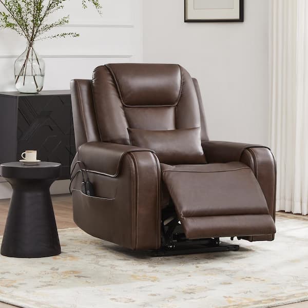 Leopoldine Brown Genuine Leather Power Lift Recliner with Adjustable Headrest, Massage, Heating, Storage Pocket