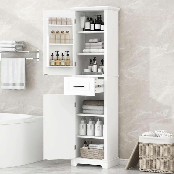 White 72.5 in. H Accent Cabinet, Bathroom Storage Cabinet with 2-Doors and Adjustable Shelves, Door Shelve Design