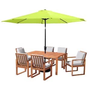 8 Piece Set, Weston Wood Outdoor Dining Table Set with 6 Cushioned Chairs, and 10-Foot Auto Tilt Umbrella Lime Green