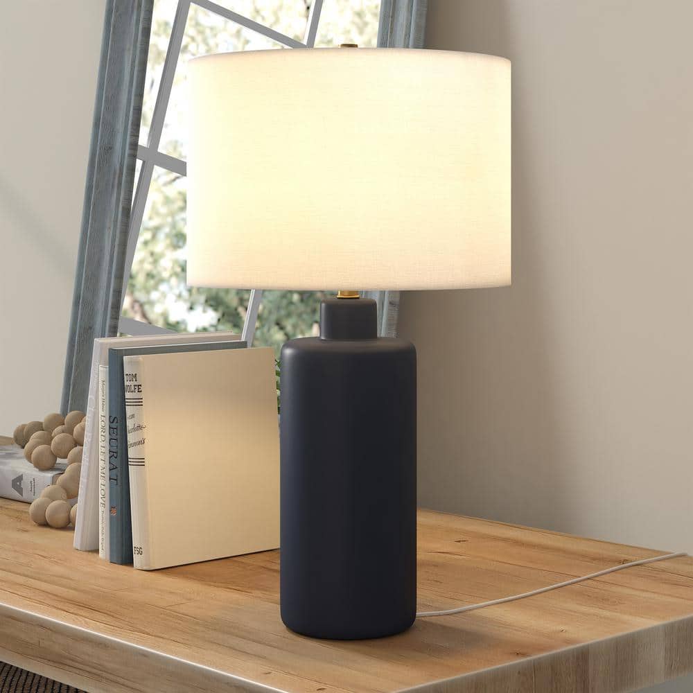 Navy Ceramic Cylinder Nightstand Lamp with White Linen Shade