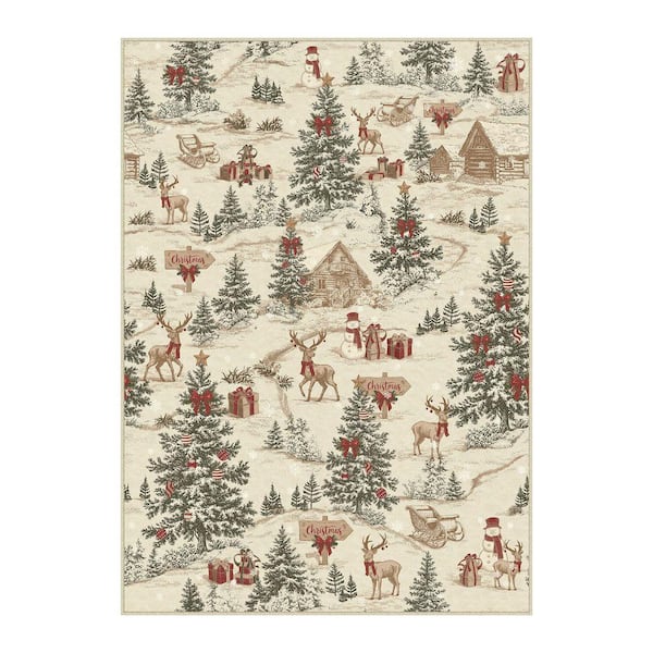 Christmas 8 ft. x 10 ft. Red Elk Snowflake Christmas Tree Area Rug