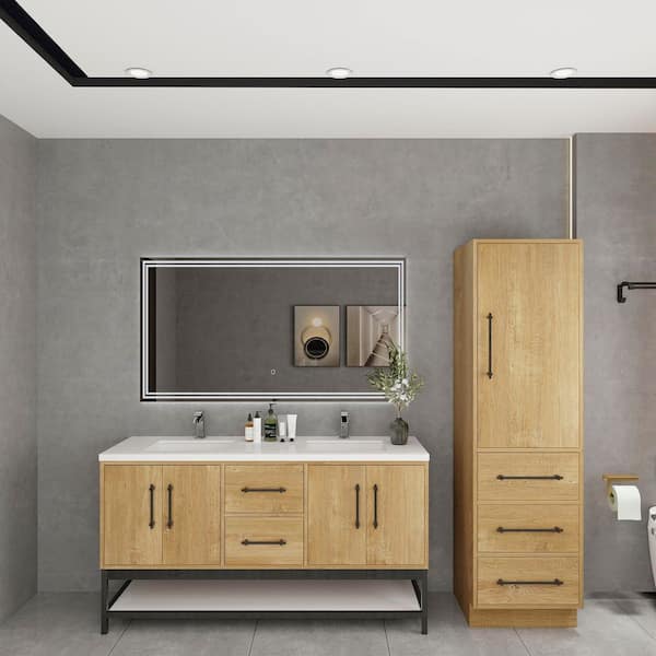 BV Better Vanity Victoria 59 in. W x 20 in. D x 35 in. H Double Sink Freestanding Frame Bath Vanity in Oak with White Acrylic Top