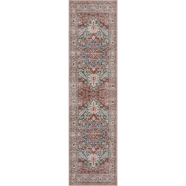 Eleanor Vintage Medallion Border Machine-Washable Green/Brown 2 ft. x 8 ft. Runner Rug