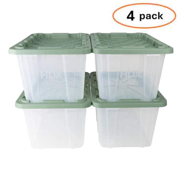 27-Gal. Heavy Duty Clear Green Storage Totes with Lids - Stackable, Water-Resistant (4-Pack)