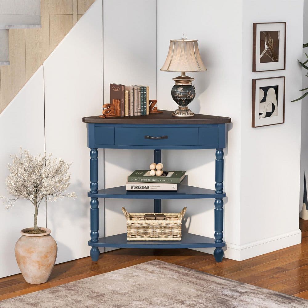 33.8 in. Light Espresso Triangle Wood End Table with 1-Drawer Corner Side Table 3-Tier Corner Table with Solid Wood Legs - thumbnail 2