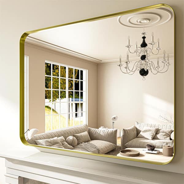 48 in. W x 36 in. H Modern Gold Aluminum Framed Rounded Wall Mount Mirror
