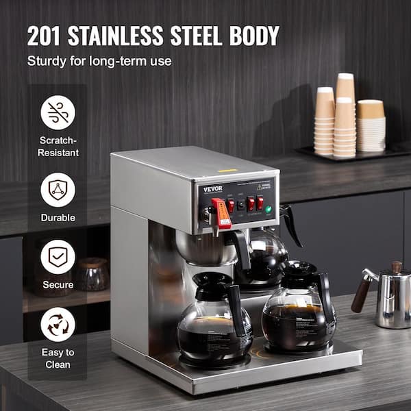 VEVOR 12 Cups Commercial Drip Coffee Maker Coffee Maker Machine with 3 Glass Carafes and 3 Warmer Plates Stainless Steel Pour Over Coffee Brewer for