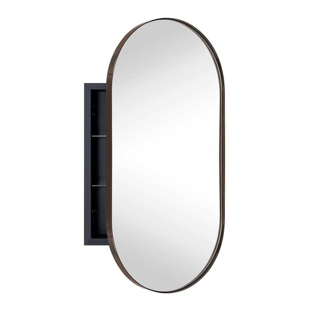 Oval Matte Black Metal Framed Medicine Cabinet with Mirror