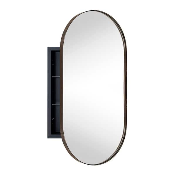 TEHOME Daisy-Mai 16 in. W x 33 in. H Oval Pill Shape Metal Framed Recessed Medicine Cabinet with Mirror with Shelves in Bronze