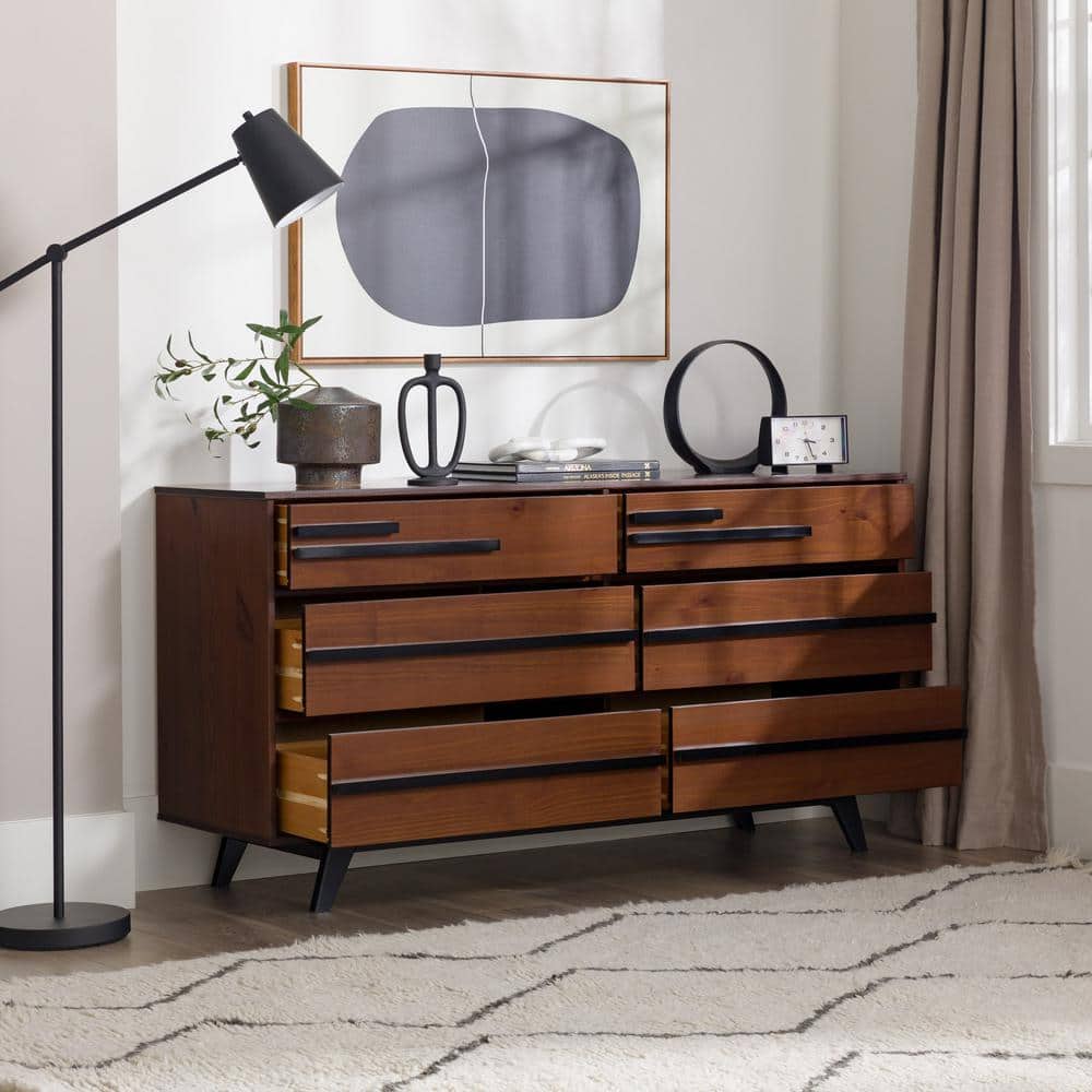 Walnut Mid-Century Modern 60" Solid Wood 6-Drawer Dresser