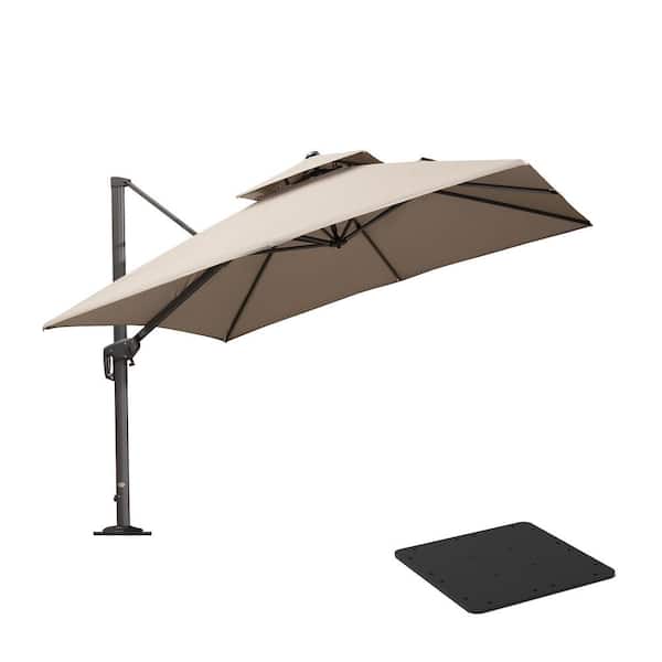 PURPLE LEAF 10 ft. Square 2-Tier Aluminum Cantilever 360° Rotation Patio Umbrella with Base Plate, Beige