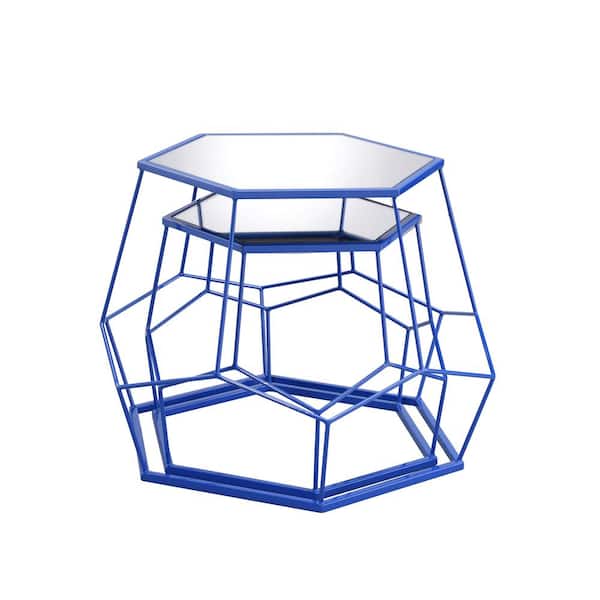 Furniture of America Kristy 22 in. H Mirrored Top Blue Nesting Tables (Set of 2)