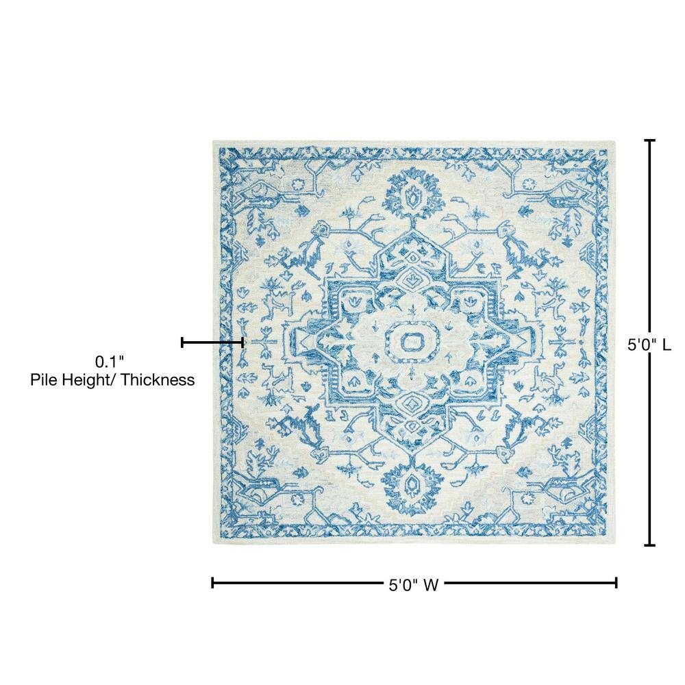 Handmade Tufted Blue/Ivory Wool Square Area Rug, 5' x 5'