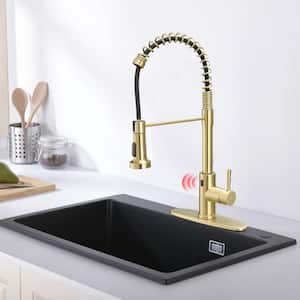 2-Spray Patterns Single Handle Touchless Pull Down Sprayer Kitchen Faucet with Deckplate Included in Brushed Gold