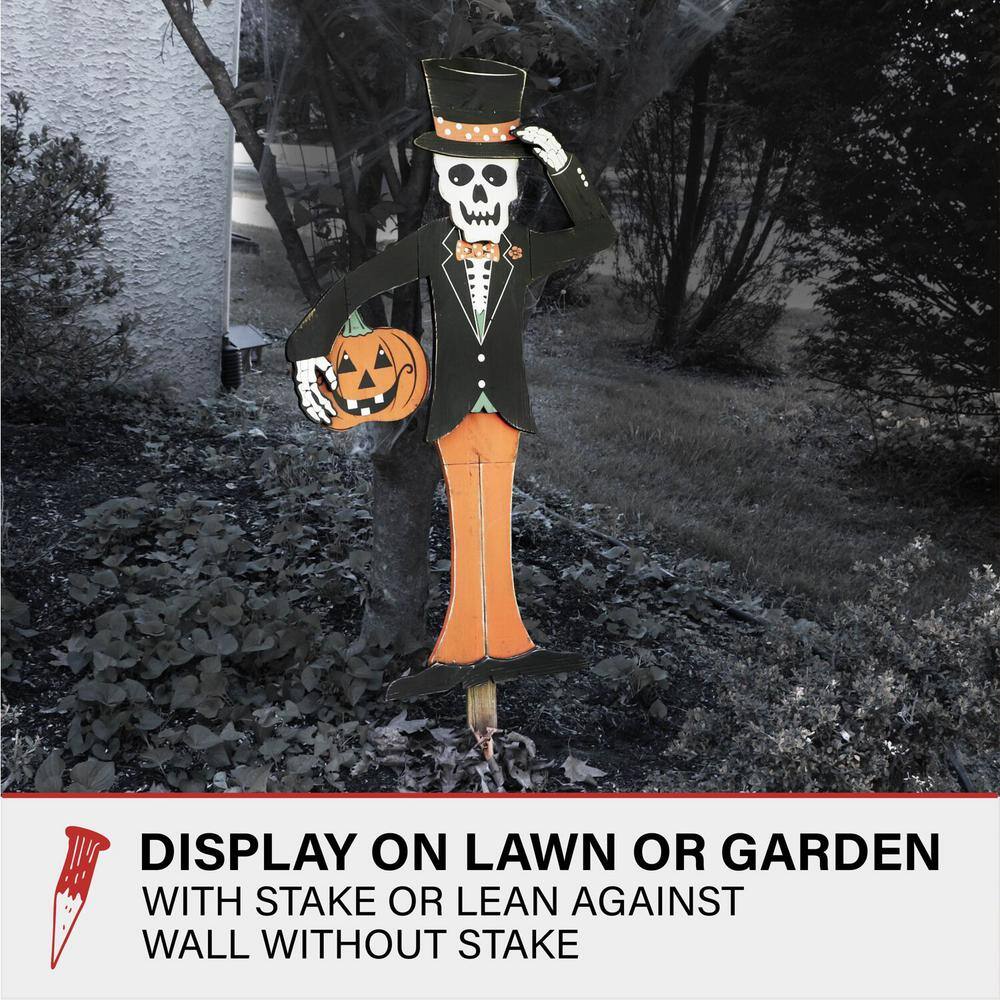 46" Painted Skeleton Holding Pumpkin Wooden Yard Stake