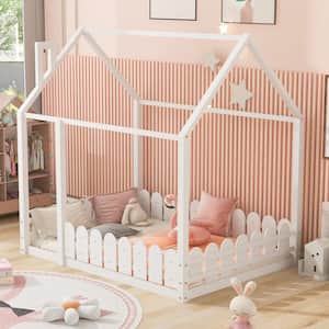 Full Size White House Bed for Kids, Low Floor House Bed with Fence-Shaped Guardrails, Wood Kids House Full Bed Frame