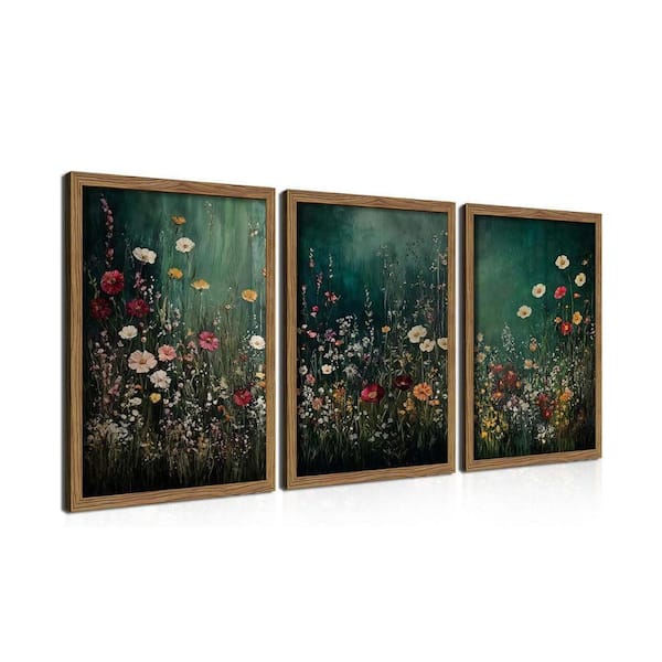 3-Piece Framed Dark Green Flower Botanical Wall Decor Paintings