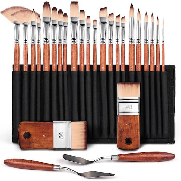 26-Pcs Professional Paint Brush Set for Acrylic Oil Watercolor Gouache with Upgraded Short Handle Wide Flat Paintbrush