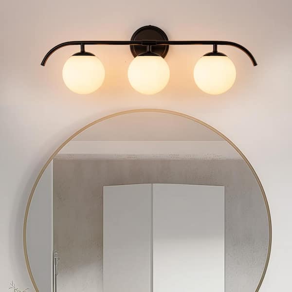 24 in. 3-Light Matte Black Vanity Light with Frosted Glass Globe Shade Wall Sconce for Bathroom Vanity and Hallway