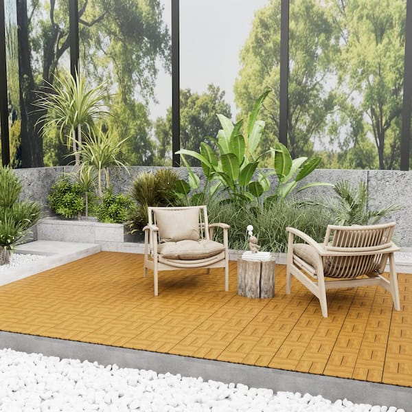 1 ft. x 1 ft. Waterproof Solid Pine Wood Deck Tile for Patio Garden Poolside Primed in Natural Grain(Pack of 20 Tiles)