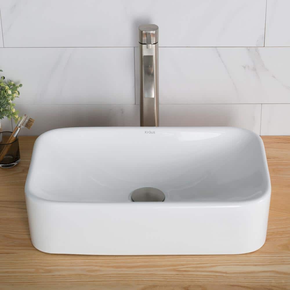 White Ceramic Rectangular Vessel Sink with Satin Nickel Faucet