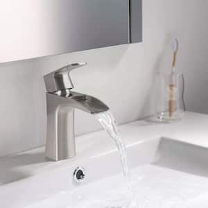 Single Handle Single Hole Waterfall Spout Bathroom Faucet with Drain Assembly in Brushed Nickel