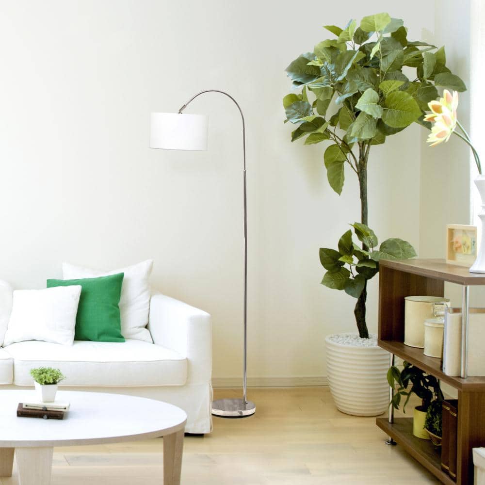 66" Brushed Nickel Arc Floor Lamp with White Fabric Shade