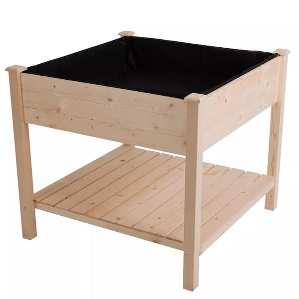 Zeus & Ruta 36 in. x 36 in. Natural Wood Raised Garden Bed w/ Storage Shelf, 2-Tiers Elevated Planter Box Stand for Balcony Backyard