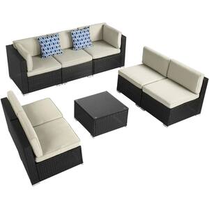 Black 8-Piece PE Rattan Wicker Outdoor Sectional Sofa Set with Beige Cushions and Coffee Table