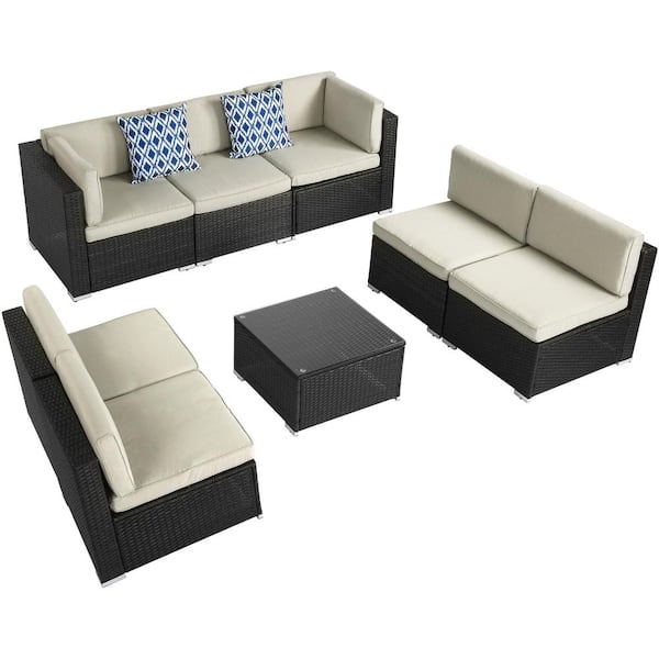 DEXTRUS Black 8-Piece PE Rattan Wicker Outdoor Sectional Sofa Set with Beige Cushions and Coffee Table