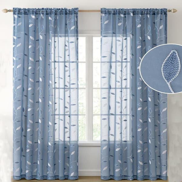 52x84 Inches Semi Sheer Embroidered Leaf  Curtains 2 Panels,Dusty Blue