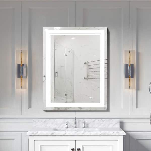 ANGELES HOME 28 in. W x 36 in. H Rectangular Frameless Anti-Fog Wall Mount LED Lighted Bathroom Vanity Mirror in Silver