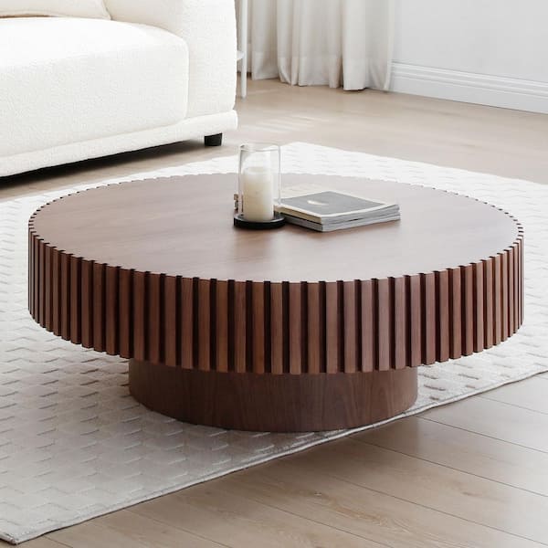 31.49 in. Brown MDF Walnut Nesting Round Wood Coffee Table with Sturdy Pedestal for Apartment
