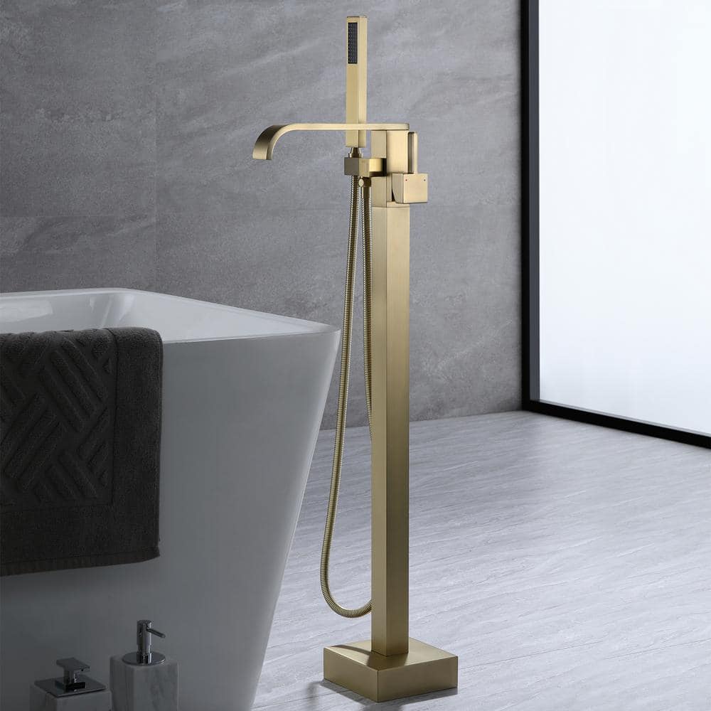 Single-Handle Floor-Mount Roman Tub Faucet with Hand Shower in Brushed Gold -  Nestfair, KPF655G