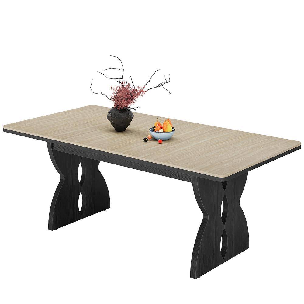 Roesler Beige & Black Wood Dining Table, 70.87 in. Sled Long Rectangle Dining Table for Kitchen Dining Room, Seats 6-8