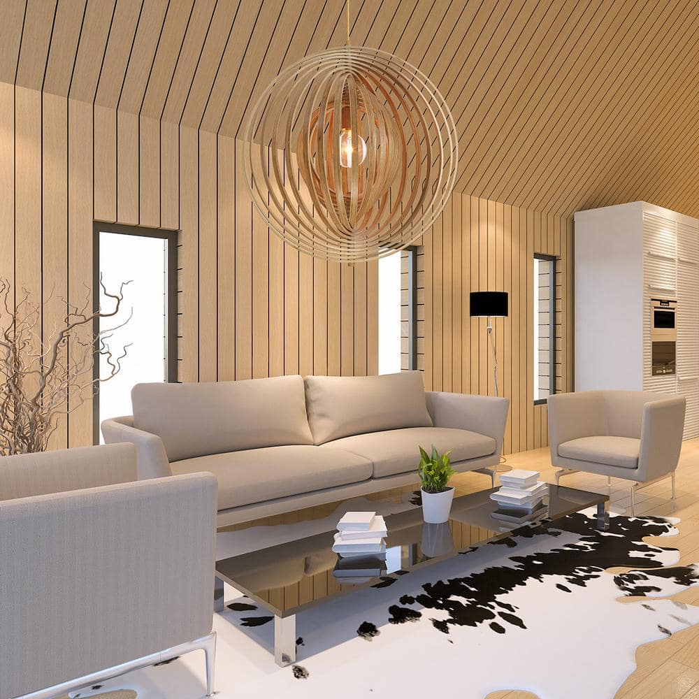 Large Natural Wood Globe Pendant Light with Dimmable LED
