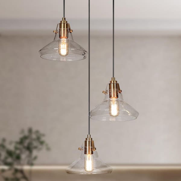 3-Light Black and Brass Cluster Chandelier with Seeded Glass Shades