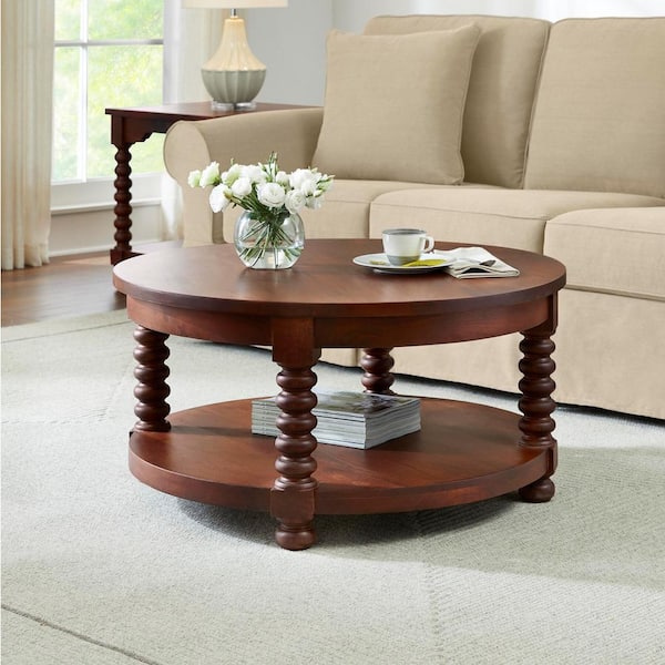 Home Decorators Collection Glenmore Medium Walnut Brown Round Wood Coffee Table with Detailed Legs