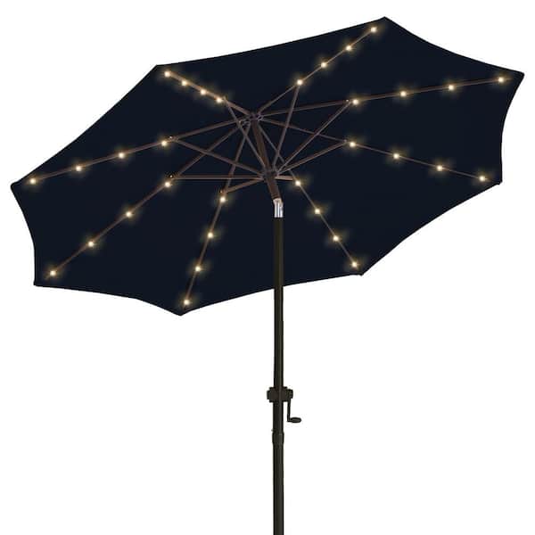 wikiwiki 10 ft. Solar LED Lighted Market Patio Umbrella with Crank and Tilt in Navy Blue