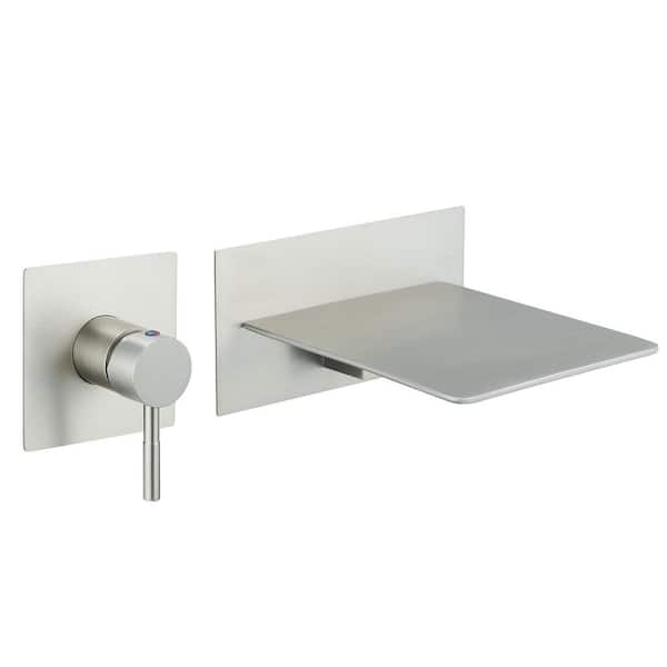 Single Handle Wall Mounted Bathroom Faucet with Valve Modern Brass Waterfall Bathroom Sink Vanity Taps in Brushed Nickel