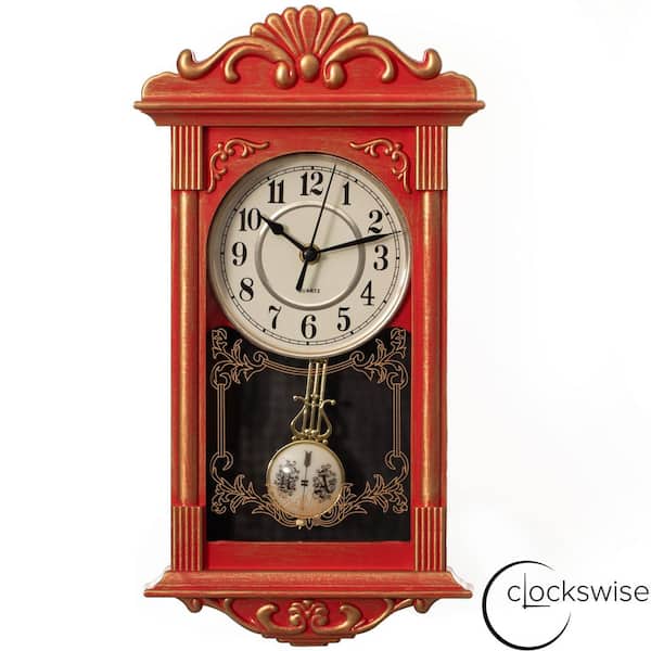 Quickway Imports Clockwise Vintage Grandfather-Style Wall Clock with Wood-Effect Plastic Pendulum, Battery-Operated-Red