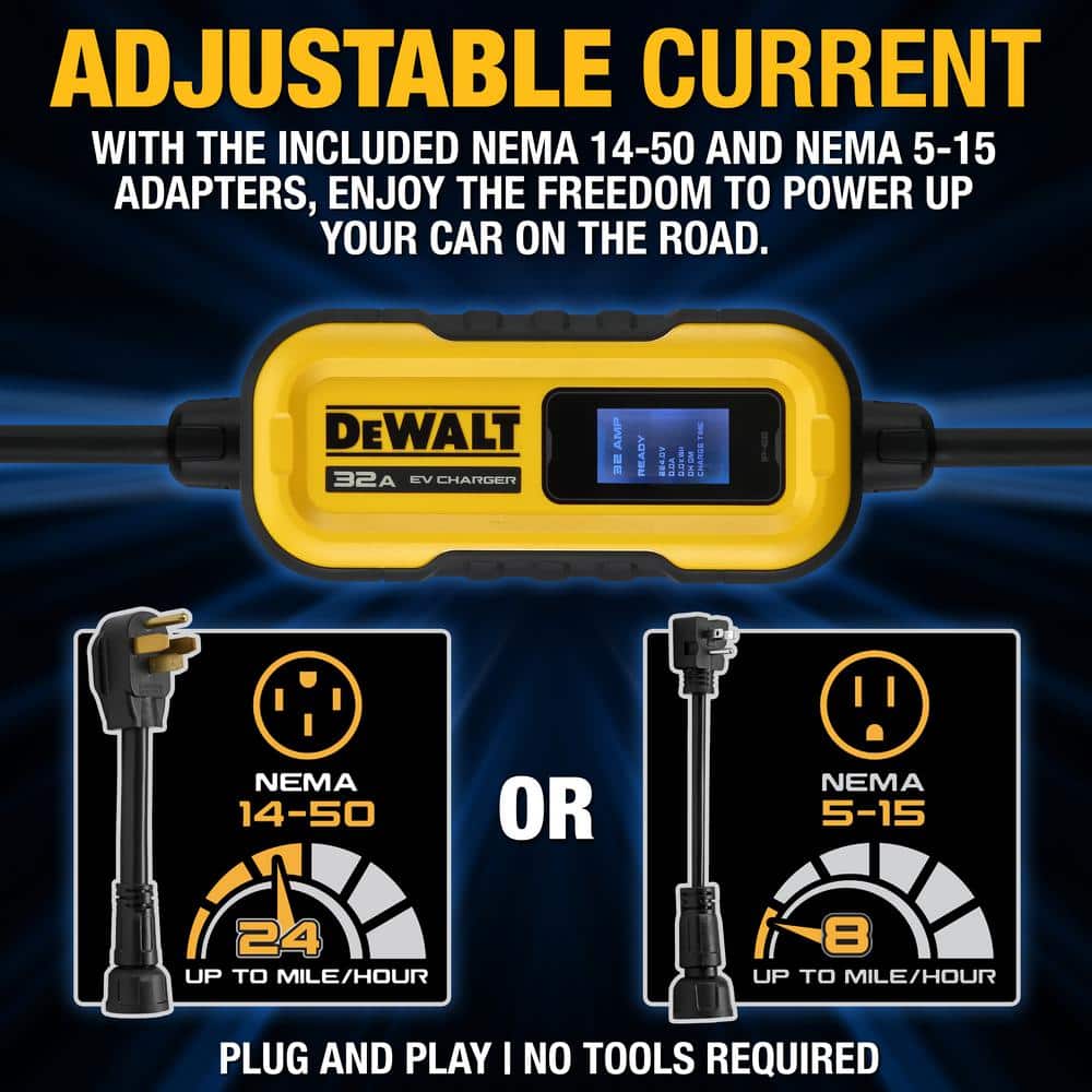 DEWALT Yellow and Black Portable Level 2 Electric Vehicle Charger with 25 ft Cable