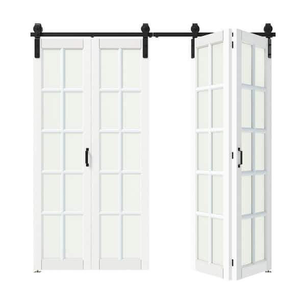 TENONER 72 in. x 84 in. White, 10 Lite, Frosted Glass, Finished, MDF, Bi-Fold Style Sliding Barn Door with Hardware Kit