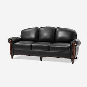 Edmund 84 in. Rolled Arm Genuine Leather Rectangle Carved Solid Wood Legs Sofa in. Black