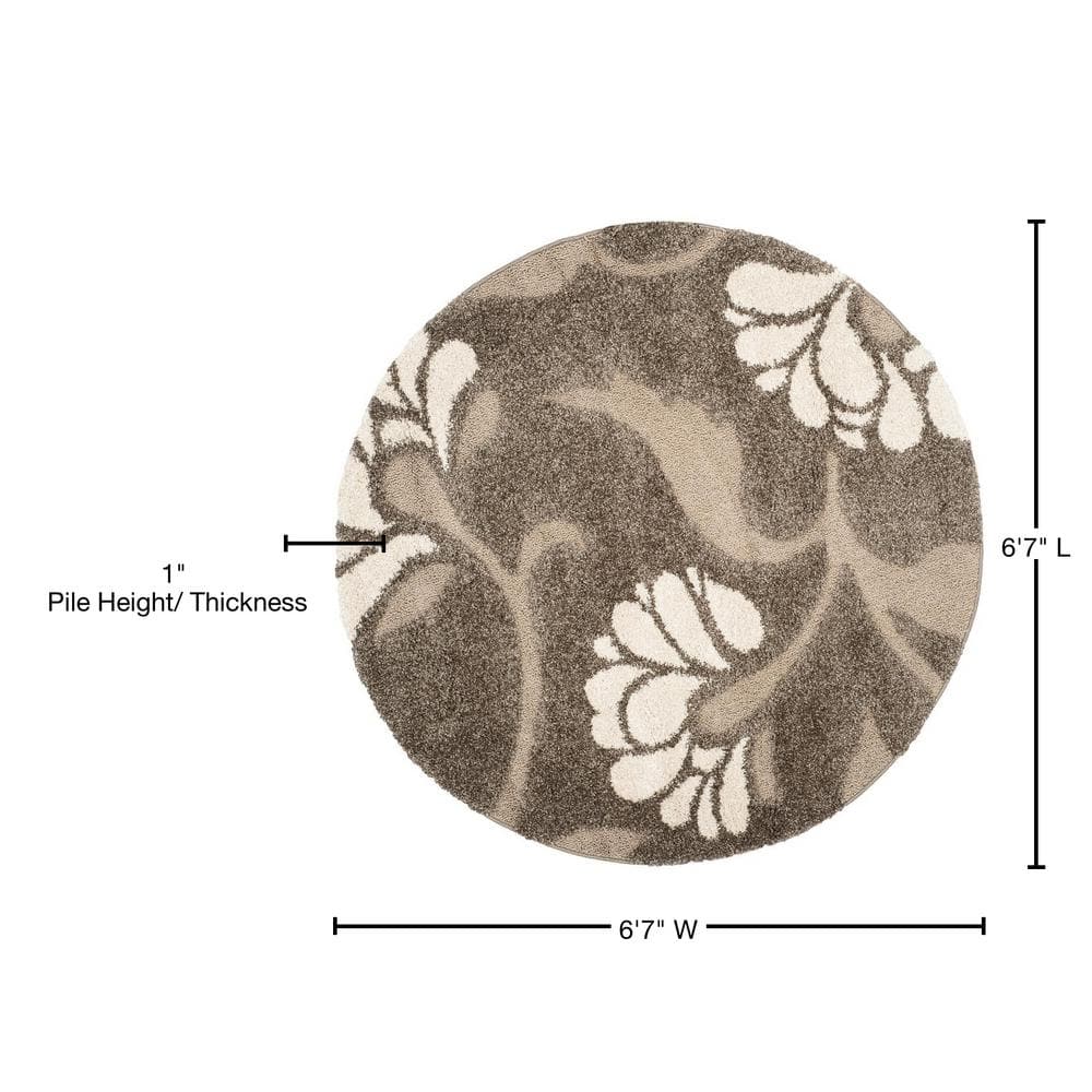 Sculpted Smoke and Beige Floral Shag Round Rug, Hand-Knotted