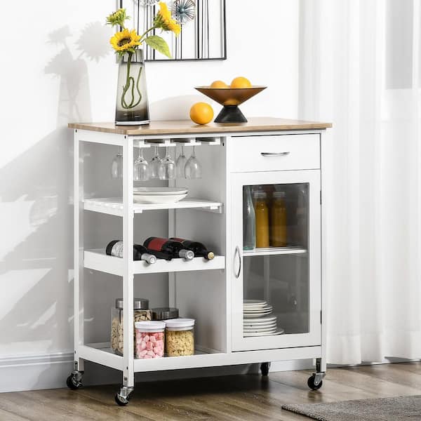 Flynama Kitchen Cart with 4-Bottle Wine Rack, Stemware Holder, Shelves, Drawer and Cabinet in White